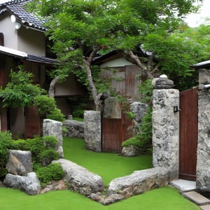 a small japanese villa with a stone fence and a stone wall