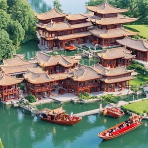 a large-sized traditional chinese villa with a canal with a boat around it
