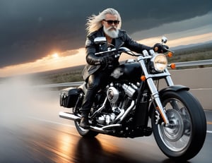 full body, 5 Handsome man in leather and glasses on racing motorcycle on highway, Harley-Davidson, mafia, white long hair, bushy mustache and beard, artstation trend, sharp focus, studio photo, intricate details, very detailed, by greg rutkowski, front at view, sunset, nighttime, night_sky, heavy rain, storm, Keep running in the rain,
