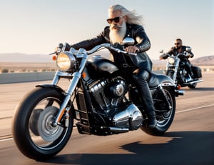 full body, 5 Handsome man in leather and glasses on racing motorcycle on highway, Harley-Davidson,mafia, white long hair, bushy mustache and beard, artstation trend, sharp focus, studio photo, intricate details, very detailed, by greg rutkowski, side at view, sunset,
