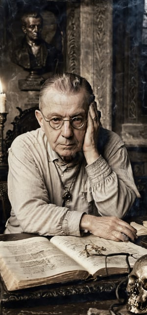 (Masterpiece, Highest Quality, Ultra Detail, 8K,), High Detail,
18th century, an old man, French philosopher Jean-Paul Sartre, meditation,
Face in agony, head bowed, wrinkles deep, shadows cast, incense smoke rising in front, old church, translator, historian, archaeologist, broken skull and candle on old desk,