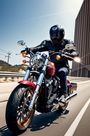 The 2023 Harley-Davidson® Sportster® S Vivid Black depicts a man speeding down the highway on a motorcycle equipped with a 1000-horsepower engine. For the man's face, draw a mustache and beard,
The motorcycle engine makes a loud noise and travels at the speed of light.
Vivid colors, the motorcycle doesn't stop and goes very fast.
Create an exciting scene themed around the summer season.
Depicting the majesty of the man, wearing sunglasses, immersed in the beam and obsession, (((the front light of the motorcycle turns on brightly))).
   The camera is far away from the man,modelshoot style
