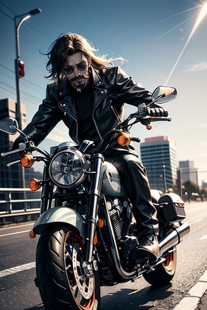 The 2023 Harley-Davidson® Sportster® S Vivid Black depicts a man speeding down the highway on a motorcycle equipped with a 1000-horsepower engine. For the man's face, draw a mustache and beard,
The motorcycle engine makes a loud noise and travels at the speed of light.
Vivid colors, the motorcycle doesn't stop and goes very fast.
Create an exciting scene themed around the summer season.
Depicting the majesty of the man, wearing sunglasses, immersed in the beam and obsession, (((the front light of the motorcycle turns on brightly))).
   The camera is far away from the man,