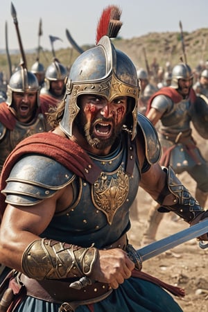 Greece, 1267 BC, 28-year-old man, charging into battle with shield on helmet, holding long sword, standing in chaotic battlefield, sunken eyes, sunken cheeks, sharp jawline, protruding collarbone, protruding nose, protruding nose Cracked jaw, ribs, and yelling. , Troy, raising her fists, engaged in battle, blood on her face, striking each other with swords,

full body, perfect body,