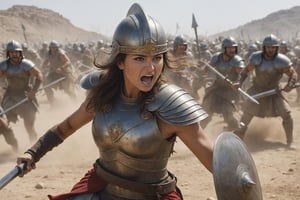 Greece, 1267 BC, 28-year-old woman, charging into battle with shield on helmet, holding long sword, standing in chaotic battlefield, sunken eyes, sunken cheeks, sharp jawline, protruding collarbone, protruding nose, protruding nose Cracked jaw, ribs, and yelling. , Troy, raises her fist, engages in battle,

full body, perfect body,