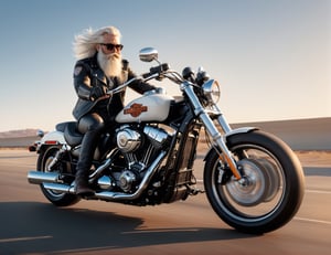 full body, 5 Handsome man in leather and glasses on racing motorcycle on highway, Harley-Davidson,mafia, white long hair, bushy mustache and beard, artstation trend, sharp focus, studio photo, intricate details, very detailed, by greg rutkowski, side at view, sunset,
