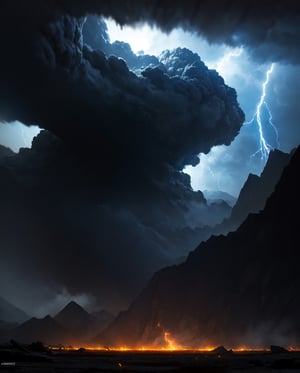 Thunder and lightning appear along with black clouds on a large mountain, and light radiates the color of amber.A large mountain stands in a vast, wide, dry wilderness. There are clouds on the big mountain, and thunder and lightning flow.The play of light and shadows should evoke a hyperrealistic experience, akin to gazing upon nature's masterpiece,long, BJ_Sacred_beast, outdoors,  sky, cloud, bird, dark cloudy_sky, scenery, fantasy,  cinematic lighting, strong contrast, high level of detail, Best quality, masterpiece,There should be dozens of lightning bolts, lightning thunders,  unleashing a powerful lightning attack, lightning bolts surging throughout cinematic, intricate details, 32K, UHD, HDR, ultra-realism, action background (heavy damage and debris), ultra-detailed, 32k, intricate, cinematic composition, IMAX, stunning image, trending, amazing art, cinematic color grade, dramatic lighting(lightning), 