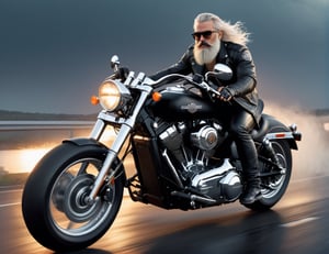 full body, 5 Handsome man in leather and glasses on racing motorcycle on highway, Harley-Davidson, mafia, white long hair, bushy mustache and beard, artstation trend, sharp focus, studio photo, intricate details, very detailed, by greg rutkowski, front at view, sunset, nighttime, night_sky, heavy rain, storm
