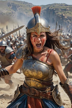 Greece, 1267 BC, 28-year-old woman, charging into battle with shield on helmet, holding long sword, standing in chaotic battlefield, sunken eyes, sunken cheeks, sharp jawline, protruding collarbone, protruding nose, protruding nose Cracked jaw, ribs, and yelling. , Troy, raising her fists, engaged in battle, blood on her face, striking each other with swords,

full body, perfect body,