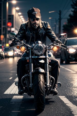 The 2023 Harley-Davidson® Sportster® S Vivid Black depicts a man speeding down the highway on a motorcycle equipped with a 1000-horsepower engine. For the man's face, draw a mustache and beard,
The motorcycle engine makes a loud noise and travels at the speed of light.
Vivid colors, the motorcycle doesn't stop and goes very fast.
Create an exciting scene themed around the summer season.
Depicting the majesty of the man, wearing sunglasses, immersed in the beam and obsession, (((the front light of the motorcycle turns on brightly))).
   The camera is far away from the man,