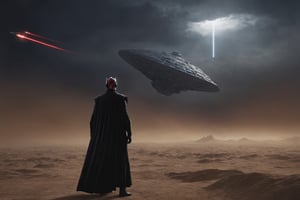 by Dante's Divine Comedy, in 1348,
hell and heaven, 
Darth Maul is a character in the Star Wars franchise. He first appeared in the 1999 film Star Wars: Episode I – The Phantom Menace. In the film, Maul is a powerful Sith Lord and Darth Sidious' first apprentice

Skull, tomb, Hades, death, plague, famine, pestilence, desert, wilderness, star wars, large white spaceship flying in the sky, All five nozzles of the spacecraft emit light and rise into the sky, with a lot of dust flying.
. blood, dark arts, lightning, thunder, black clouds, black smoke, charred corpses, waves, heavy rain, storm,
neoclassical, back at view, 