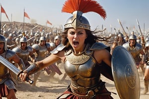 Greece, 1267 BC, 28-year-old woman, charging into battle with shield on helmet, holding long sword, standing in chaotic battlefield, sunken eyes, sunken cheeks, sharp jawline, protruding collarbone, protruding nose, protruding nose Cracked jaw, ribs, and yelling. , Troy, raises her fist, engages in battle,

full body, perfect body,