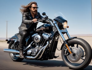 full body, Handsome man in leather and glasses on racing motorcycle on highway, Harley-Davidson,mafia, long hair, bushy mustache and beard, artstation trend, sharp focus, studio photo, intricate details, very detailed, by greg rutkowski, side at view, 
