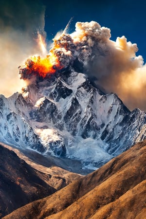 Himalayas, explosion on top of mountain,nature,Explosion Artstyle