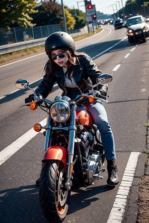 2023 Harley-Davidson® Sportster® S Vivid Black , generates AI art depicting a woman riding fast on the highway on a motorcycle with a 1000-horsepower engine. Make a loud noise on the engine of a motorcycle, run at the speed of light,
  Vibrant colors, the motorcycle does not stop but runs fast.
Create a summer season-themed scene with a sense of excitement. Depicting a woman's hair flowing at maximum speed, wearing sunglasses, being a speed freak, falling in love with speed, depicting a beautiful smile, (((the motorcycle's lights illuminate))). make the wheel invisible
front at view,
 side at view, camera far from the girl,