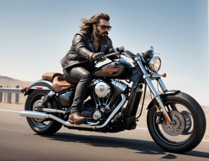 full body, 5 Handsome man in leather and glasses on racing motorcycle on highway, Harley-Davidson,mafia, long hair, bushy mustache and beard, artstation trend, sharp focus, studio photo, intricate details, very detailed, by greg rutkowski, side at view, 
