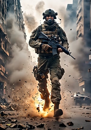 (Highest quality, 8k, 32K UHD, high resolution, masterpiece: 1.2), ultra detail, surreal, war-torn city, desolate city, polluted air, thick fog, 4k, 8k, movie lighting, Detail Master 2, explosion, Smoke, car explosions, spattering fragments, fierce shooting, bullets and shells galore. Terrorist soldier shoots.