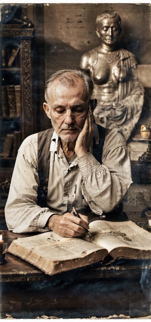 (Masterpiece, Highest Quality, Ultra Detail, 8K,), High Detail,
19th century, an old man, southern poet, oriental thought, authority on Buddhist studies, German-Swiss Hermann Karl Hesse, meditating while holding a book,
Face in agony, head bowed, deep wrinkles, shadows cast, incense smoke rising in front, old living room, translator, historian, novelist, painter, broken skull and candle on old desk,
side at view