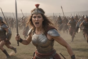 Greece, 1267 BC, 28-year-old woman, charging into battle with shield on helmet, holding long sword, standing in chaotic battlefield, sunken eyes, sunken cheeks, sharp jawline, protruding collarbone, protruding nose, protruding nose Cracked jaw, ribs, and yelling. , Troy, raises her fist, engages in battle,rebsonya