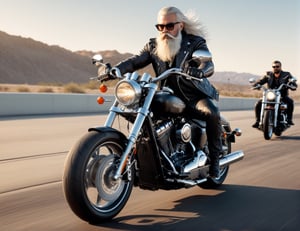 full body, 5 Handsome man in leather and glasses on racing motorcycle on highway, Harley-Davidson,mafia, white long hair, bushy mustache and beard, artstation trend, sharp focus, studio photo, intricate details, very detailed, by greg rutkowski, front at view, sunset,
