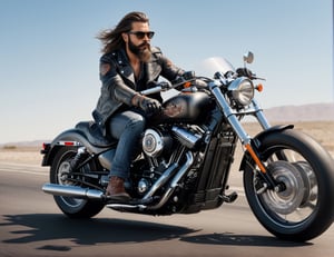 full body, Handsome man in leather and glasses on racing motorcycle on highway, Harley-Davidson,mafia, long hair, bushy mustache and beard, artstation trend, sharp focus, studio photo, intricate details, very detailed, by greg rutkowski, side at view, 
