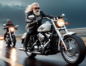 full body, 5 Handsome man in leather and glasses on racing motorcycle on highway, Harley-Davidson, mafia, white long hair, bushy mustache and beard, artstation trend, sharp focus, studio photo, intricate details, very detailed, by greg rutkowski, front at view, sunset, nighttime, night_sky, heavy rain, storm
