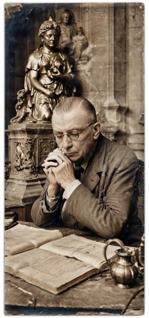 (Masterpiece, Highest Quality, Ultra Detail, 8K,), High Detail,
18th century, an old man, French philosopher Jean-Paul Sartre, meditation,
Face in agony, head bowed, wrinkles deep, shadows cast, incense smoke rising in front, old church, translator, historian, archaeologist, broken skull and candle on old desk,