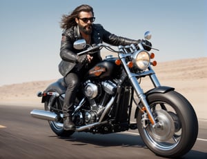 full body, 5 Handsome man in leather and glasses on racing motorcycle on highway, Harley-Davidson,mafia, long hair, bushy mustache and beard, artstation trend, sharp focus, studio photo, intricate details, very detailed, by greg rutkowski, side at view, 
