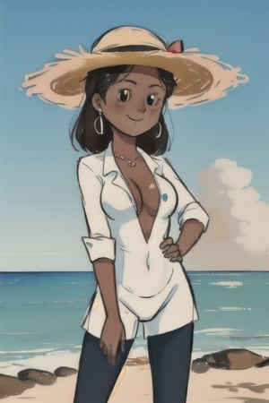 chibi, closeup picture, style parody, ((masterpiece,best quality)), absurdres, hmdmg1, woman, cute, solo, looking at viewer, cowboy shot, cinematic composition, contrapposto, eldmeisterog style ,sks style,rough_art, smiling, medium breasts, water, beach,sunset_scenery_background, one_piece_swimsuit, straw hat, very dark skin,  woman, sex