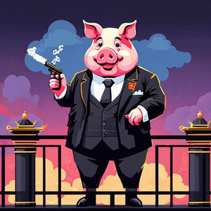 A political dictator, an arms dealer,((a pig with Chinese characteristics)), ((Pig President)), (Pig President), (Pig Man), fat figure, (animal anthropomorphic)),super detail, gangster theme, smoking, black suit, Father of God style, looking at the audience, standing on a balcony, solid color background, Super clear, super facial detail, intricate, masterpiece,ull body portrait, portrait, proud, win, vivid colors,colorful vector style background,height :1.1,Pixel art,,pixel style