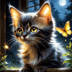 A kitten bathed in moonlight looks at a glowing firefly butterfly, side view, he looks up, ((magic glowing magic smoke and fireflies surround him)) and tiny butterflies dance around him, in the window of a village house, a magical night, whimsical, dreamy, fabulous, perfect anatomy, perfect composition, ((golden ratio)) art MSchiffer, Gabriele Dell'otto, AI Midjourney model,oil paint 