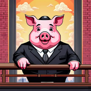 A political dictator, an arms dealer,((a pig with Chinese characteristics)), ((Pig President)), (Pig President), (Pig Man), fat figure, (animal anthropomorphic)),super detail, gangster theme, smoking, black suit, Father of God style, looking at the audience, standing on a balcony, solid color background, Super clear, super facial detail, intricate, masterpiece,ull body portrait, portrait, proud, win, vivid colors,colorful vector style background,height :1.1,Pixel art,,pixel style