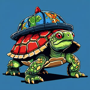 A turtle, ((with a hat on his head and red eyes:1.1)), crawling forward on all fours,(full body picture),(from the side:1.9),
A blue background,(Pixel Art :1.3), Pixel style,Comic Book-Style 2d