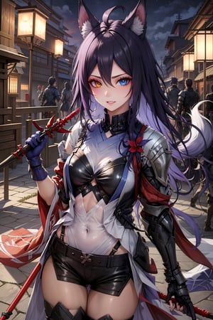 Woman with black fox ears and tail holding a spear, wearing an armor, the scenario is a japanesse studio, heterochromia, red and blue eyes