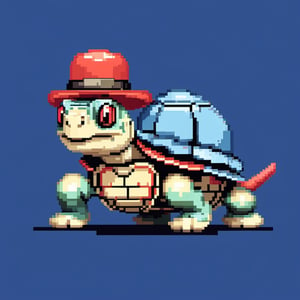 A turtle, ((with a hat on his head and red eyes:1.1)), crawling forward on all fours,(full body picture),(from the side:1.9),
A blue background,(Pixel Art :1.3), Pixel style,Comic Book-Style 2d,pixel style