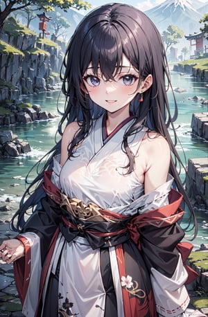 Masterpiece, intricate details, extremely detailed,  natural lighting, perfect face BREAK upper body, 1girl, solo, Herta, cute, petite, standing, (japanese haori:1.3), offshoulder, long sleeves, long hair, blush, light smile, small breasts, grey eyes, looking at viewer, BREAK nature, grassy plains, river stream, rocks,High detailed ,long hair