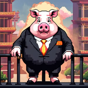 A political dictator, an arms dealer,((a pig with Chinese characteristics)), ((Pig President)), (Pig President), (Pig Man), fat figure, (animal anthropomorphic)),super detail, gangster theme, smoking, black suit, Father of God style, looking at the audience, standing on a balcony, solid color background, Super clear, super facial detail, intricate, masterpiece,ull body portrait, portrait, proud, win, vivid colors,colorful vector style background,height :1.1,Pixel art,,pixel style