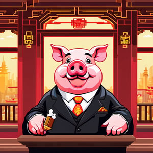 A political dictator, an arms dealer,((a pig with Chinese characteristics)), ((Pig President)), (Pig President), (Pig Man), fat figure, (animal anthropomorphic)),super detail, gangster theme, smoking, black suit, Father of God style, looking at the audience, standing on a balcony, solid color background, Super clear, super facial detail, intricate, masterpiece,ull body portrait, portrait, proud, win, vivid colors,colorful vector style background,height :1.1,Pixel art,,pixel style