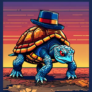 A turtle, ((with a hat on his head and red eyes:1.1)), crawling forward on all fours,(full body picture),(from the side:1.9),
A blue background,(Pixel Art :1.3), Pixel style,Comic Book-Style 2d