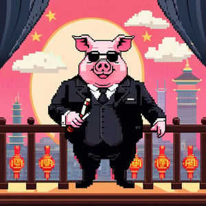 A political dictator, an arms dealer,((a pig with Chinese characteristics)), ((Pig President)), (Pig President), (Pig Man), fat figure, (animal anthropomorphic)),super detail, gangster theme, smoking, black suit, Father of God style, looking at the audience, standing on a balcony, solid color background, Super clear, super facial detail, intricate, masterpiece,ull body portrait, portrait, proud, win, vivid colors,colorful vector style background,height :1.1,Pixel art,,pixel style