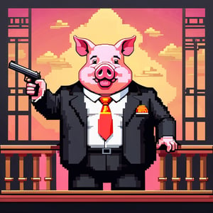 A political dictator, an arms dealer,((a pig with Chinese characteristics)), ((Pig President)), (Pig President), (Pig Man), fat figure, (animal anthropomorphic)),super detail, gangster theme, smoking, black suit, Father of God style, looking at the audience, standing on a balcony, solid color background, Super clear, super facial detail, intricate, masterpiece,ull body portrait, portrait, proud, win, vivid colors,colorful vector style background,height :1.1,Pixel art,,pixel style