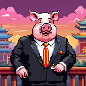 A political dictator, an arms dealer,((a pig with Chinese characteristics)), ((Pig President)), (Pig President), (Pig Man), fat figure, (animal anthropomorphic)),super detail, gangster theme, smoking, black suit, Father of God style, looking at the audience, standing on a balcony, solid color background, Super clear, super facial detail, intricate, masterpiece,ull body portrait, portrait, proud, win, vivid colors,colorful vector style background,height :1.1,Pixel art,,pixel style