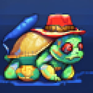 A turtle, ((with a hat on his head and red eyes:1.1)), crawling forward on all fours,(full body picture),(from the side:1.9),
A blue background,(Pixel Art :1.3), ,pixel art style,pixelartstyle