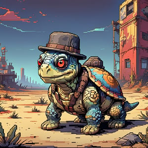 A turtle, ((with a hat on his head and red eyes:1.1)), crawling forward on all fours,(full body picture),(from the side:1.9),
A blue background,(Pixel Art :1.3), Pixel style,Comic Book-Style 2d,pixel style