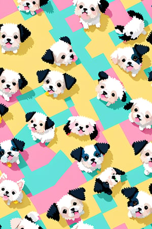 (((a cute pattern)))
for pattern design,
(((HD Pixel Style)))
A cute puppy pattern,
White, black, pink, blue, yellow, green, all kinds of bright colors,
Clean background, V ray,pixel style
