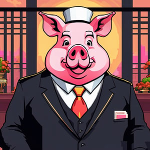 A political dictator, an arms dealer,((a pig with Chinese characteristics)), ((Pig President)), (Pig President), (Pig Man), fat figure, (animal anthropomorphic)),super detail, gangster theme, smoking, black suit, Father of God style, looking at the audience, standing on a balcony, solid color background, Super clear, super facial detail, intricate, masterpiece,ull body portrait, portrait, proud, win, vivid colors,colorful vector style background,height :1.1,Pixel art,,pixel style