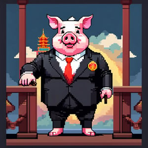 A political dictator, an arms dealer,((a pig with Chinese characteristics)), ((Pig President)), (Pig President), (Pig Man), fat figure, (animal anthropomorphic)),super detail, gangster theme, smoking, black suit, Father of God style, looking at the audience, standing on a balcony, solid color background, Super clear, super facial detail, intricate, masterpiece,ull body portrait, portrait, proud, win, vivid colors,colorful vector style background,height :1.1,Pixel art,,pixel style