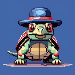 A turtle, ((with a hat on his head and red eyes:1.1)), crawling forward on all fours,(full body picture),(from the side:1.9),
A blue background,(Pixel Art :1.3), 