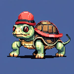 A turtle, ((with a hat on his head and red eyes:1.1)), crawling forward on all fours,(full body picture),(from the side:1.9),
A blue background,(Pixel Art :1.3), Pixel style,Comic Book-Style 2d,pixel style