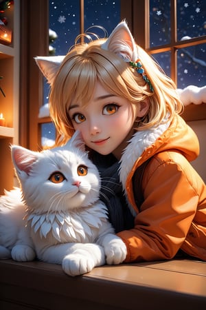 (artwork), (masterpiece), (detailed eyes), (shading), (extremely detailed CG 8k unity wallpaper), (wit studio indirect lighting), (amazing drawn illustration), (best illustrative performance),Winter style, many cute kittens (orange, white, black, blond, white and orange), ((full body)), sleeping comfortably in a large living room, feather stick, cat streamer frame, stuffed animal, window, cozy good vibes, nighttime, wonder, christmas, pixiv, snowflakes, happiness and fun, depth of field, illuminated backgrounds, reflections, holograms,photo r3al